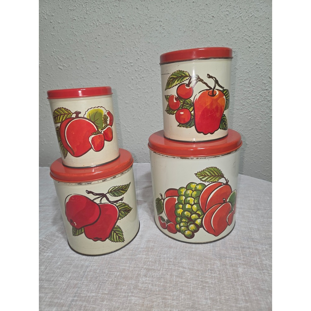 Vintage Ballonoff Nesting Kitchen Canisters Set of 4 Fruit Motif Metal Tins USA